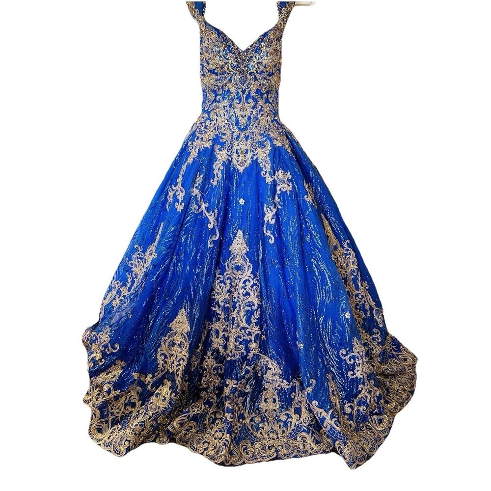 Blue Gold Quinceanera Dress Sweet 15 16 Party Pageant Beaded Ball Gown Sz 8 M
